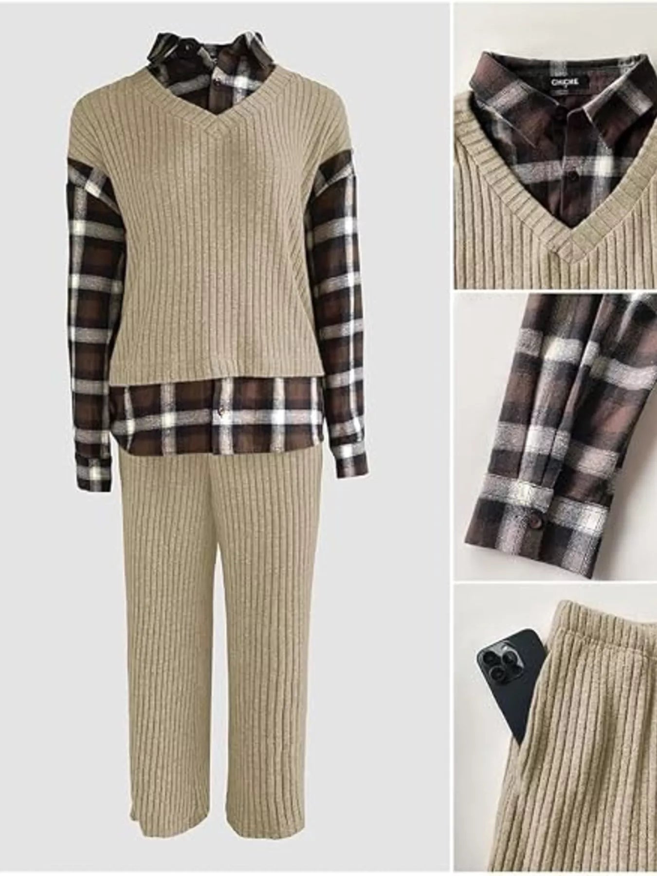Ribbed Knit Plaid Sleeve Top & Pants Set