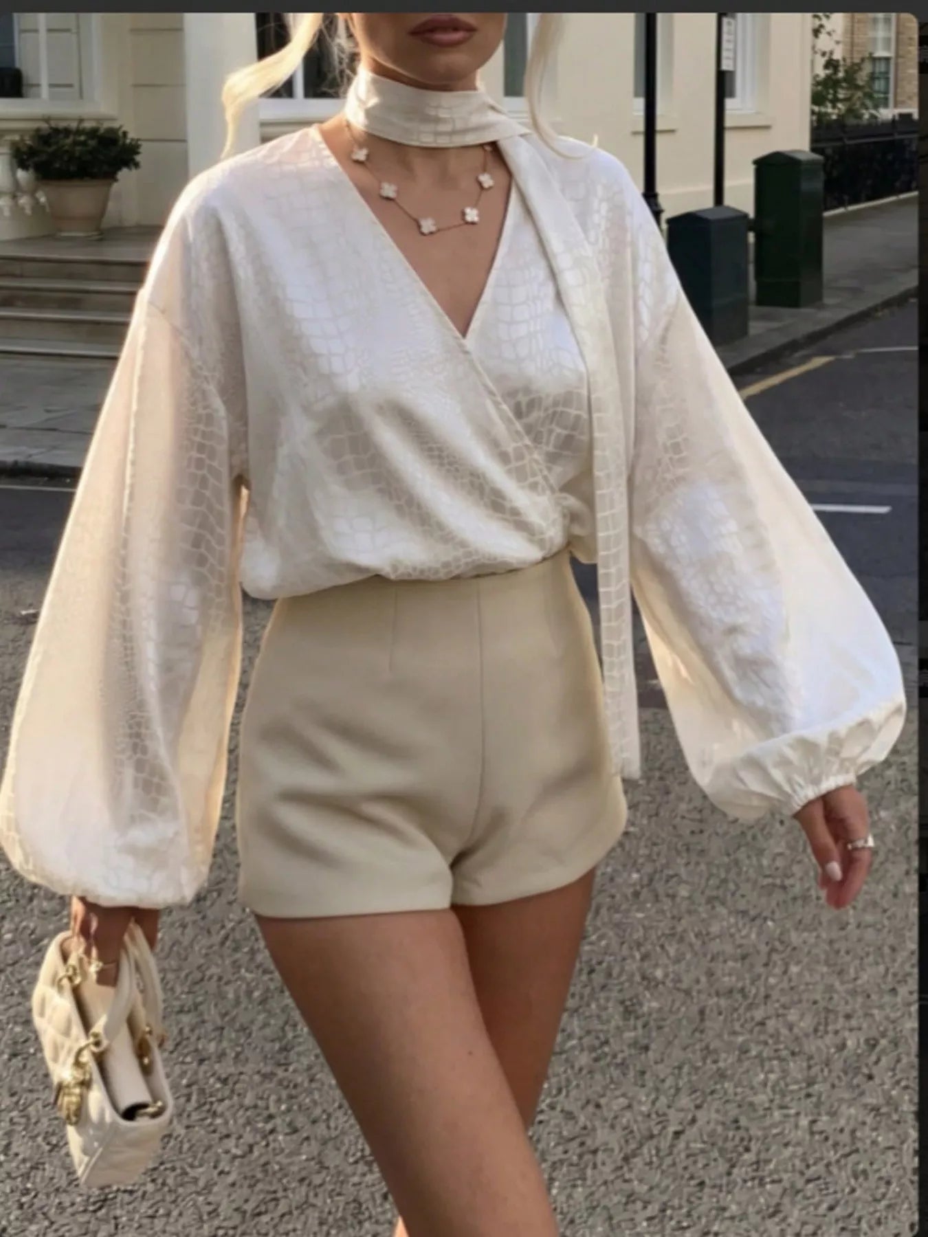 Crocodile-Embossed Surplice Balloon Sleeve Blouse