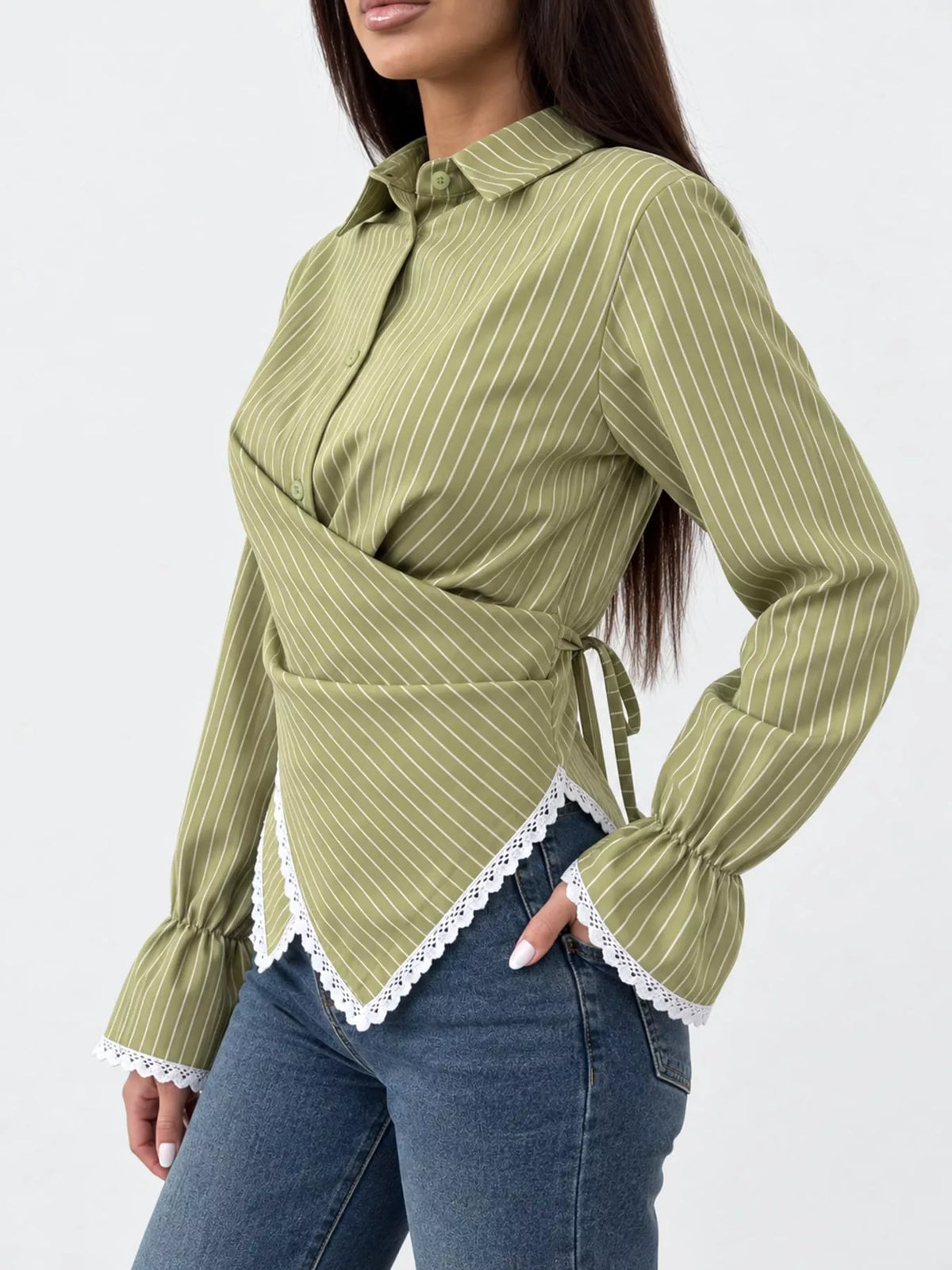 Lace Trim Long Sleeves Striped Shirt