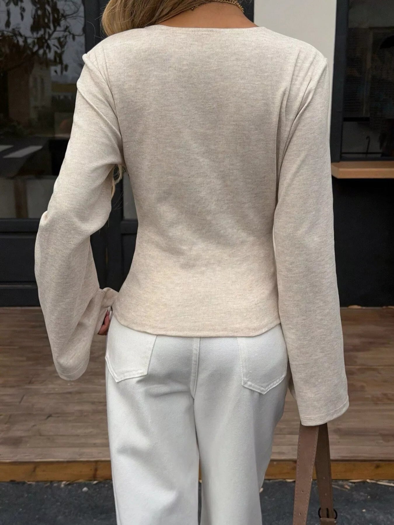 Elegant V-Neck Wrap Asymmetrical Blouse with Flared Sleeves