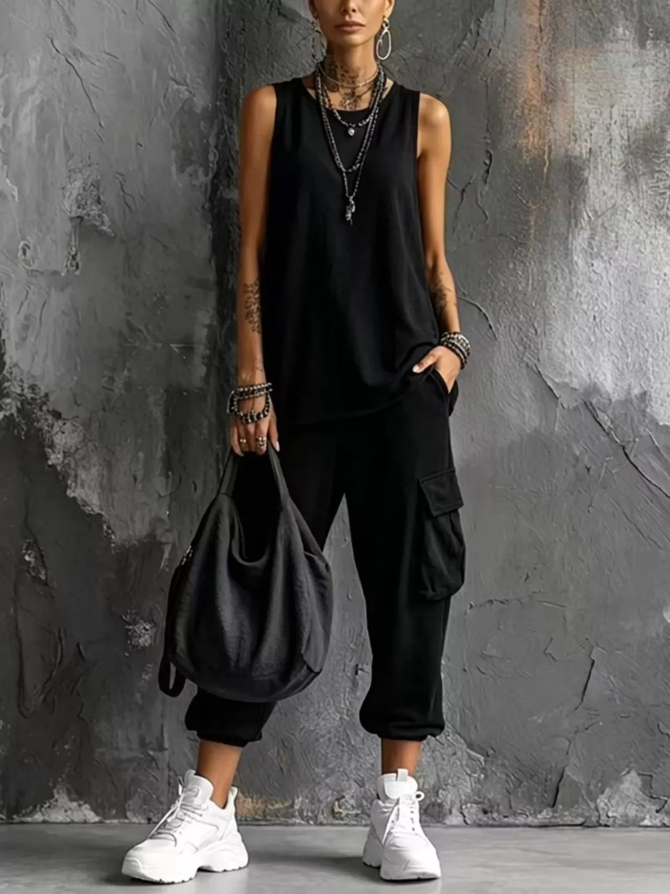 Full Size Casual Tank and Cargo Pants Set Plus Size