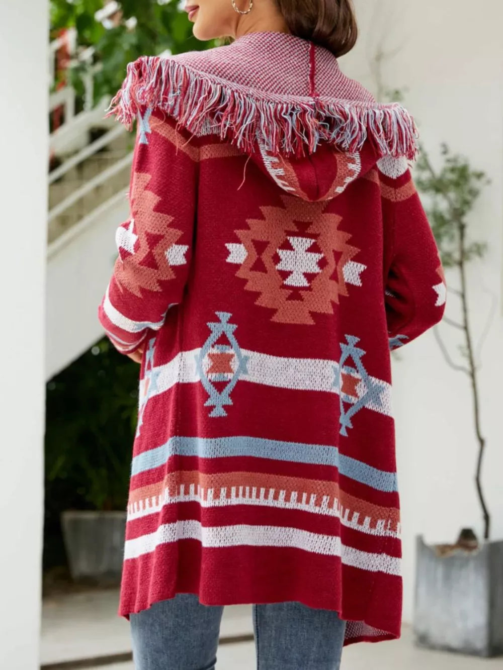 Fringe Geometric Hooded Cardigan