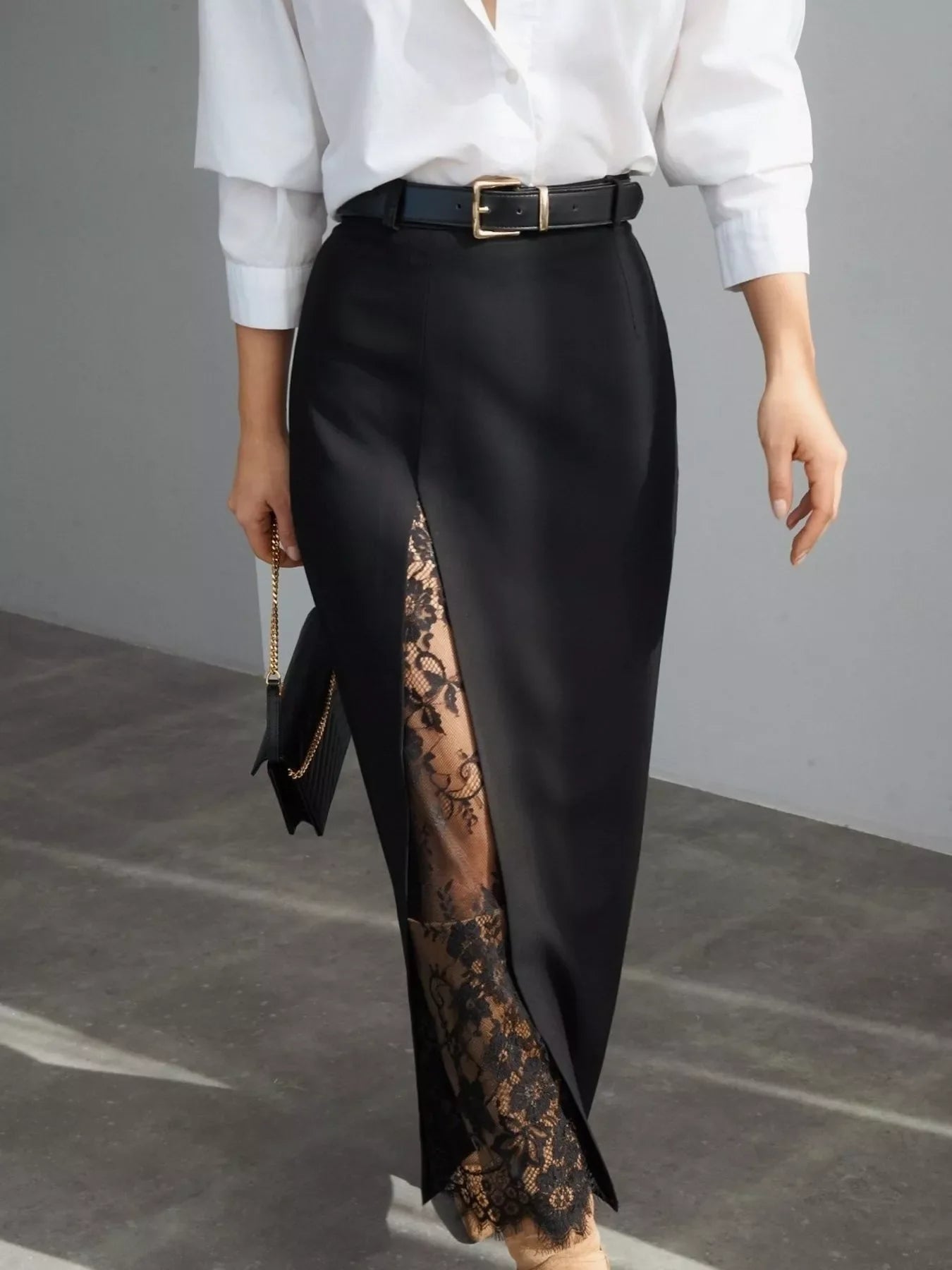 Elegant Lace-Trimmed Slit A-Line Skirt