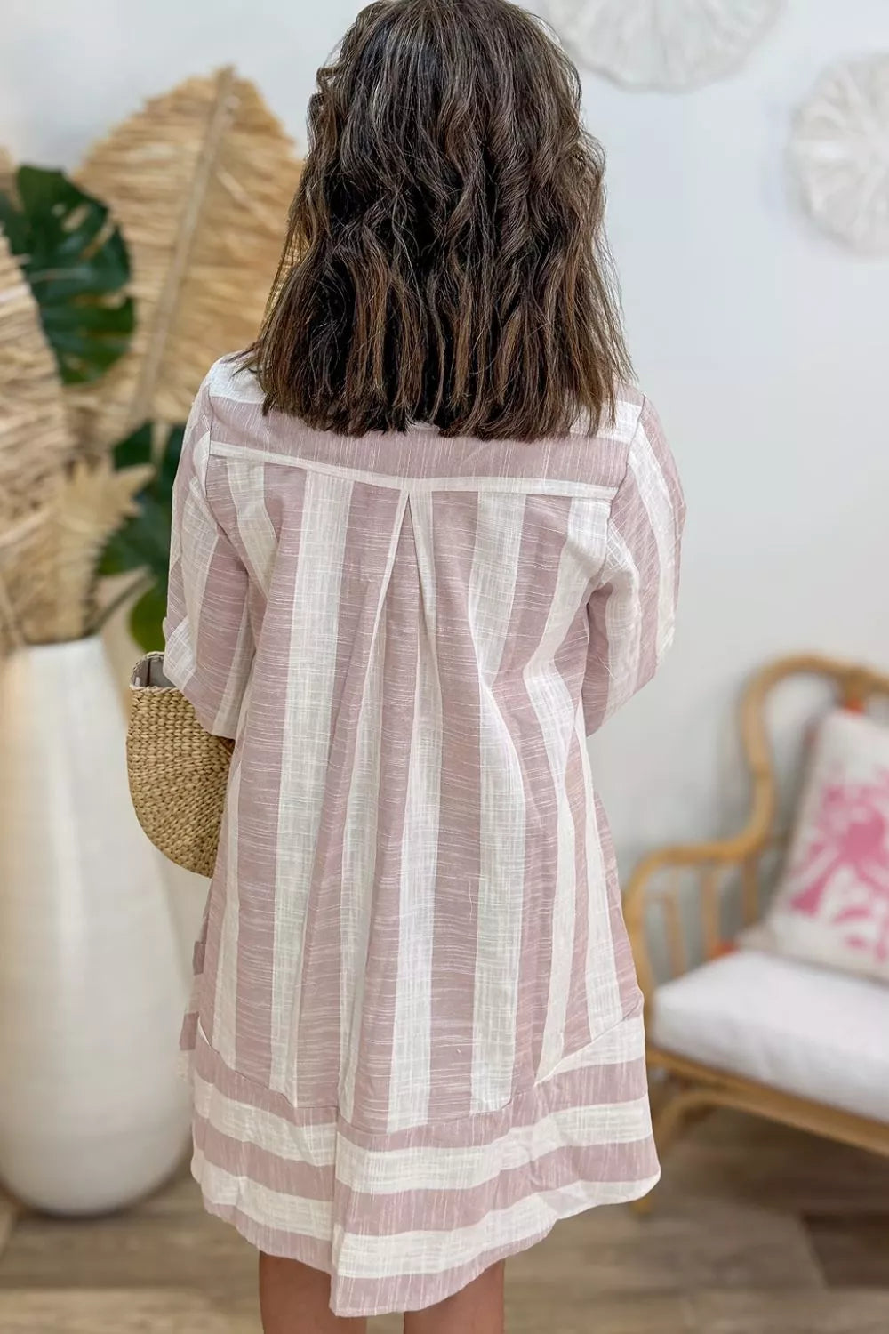 Striped Button-Up Three-Quarter Sleeve Shift Dress