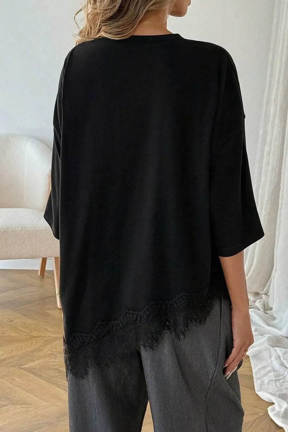 Lace Asymmetrical Hem Round Neck T-Shirt