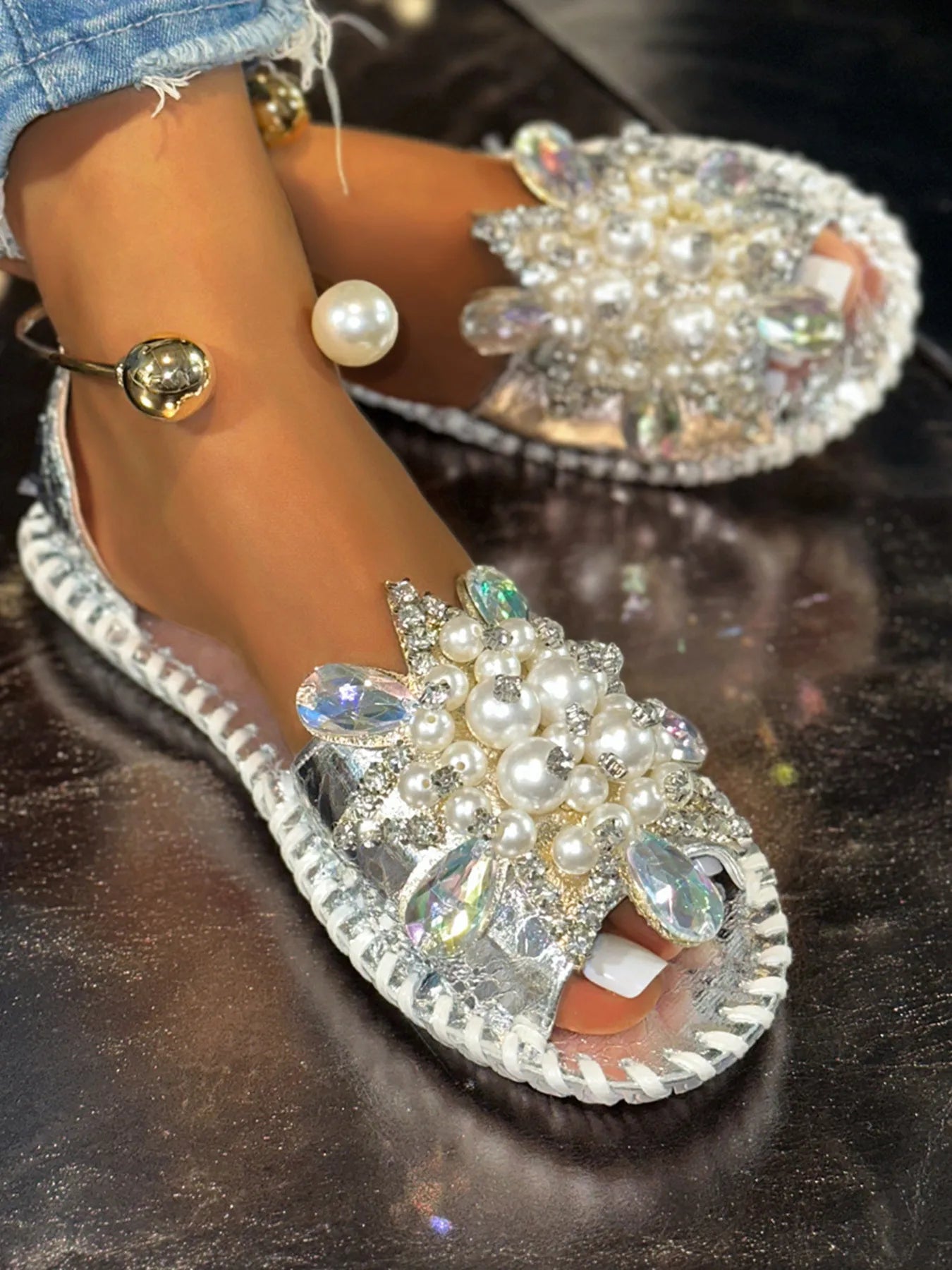 Pearl Crystal Embellished Flat Sandals