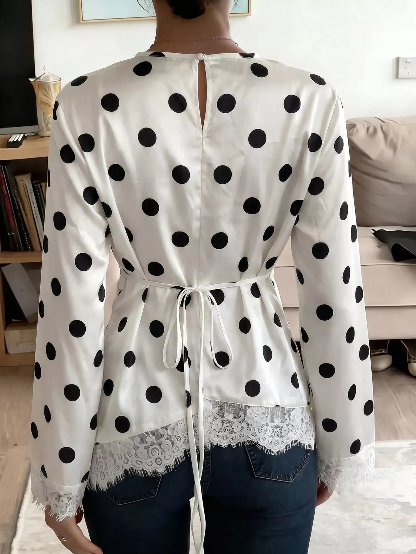 Polka Dot Satin Top with Lace Trim