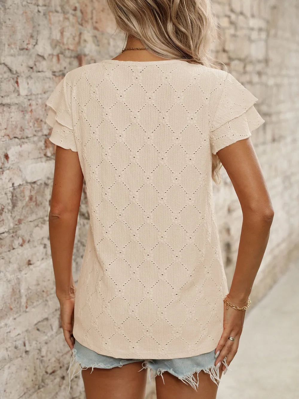 Eyelet Round Neck Double Layered Ruffled Short Sleeve Top