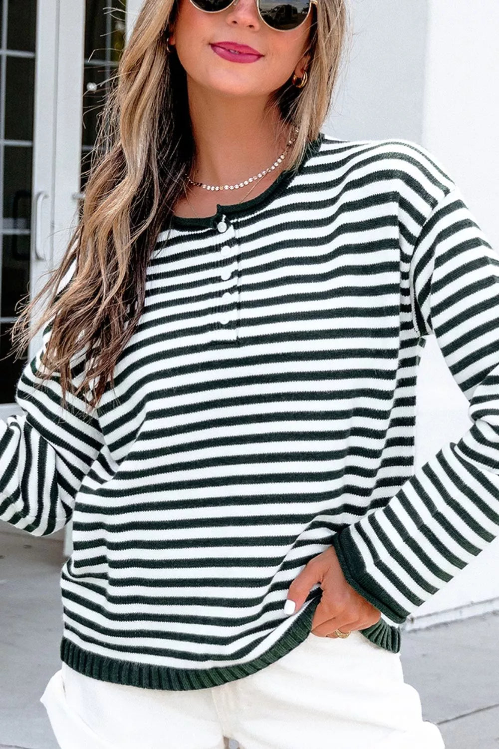 Striped Button Placket Drop Shoulder Long Sleeve Sweater