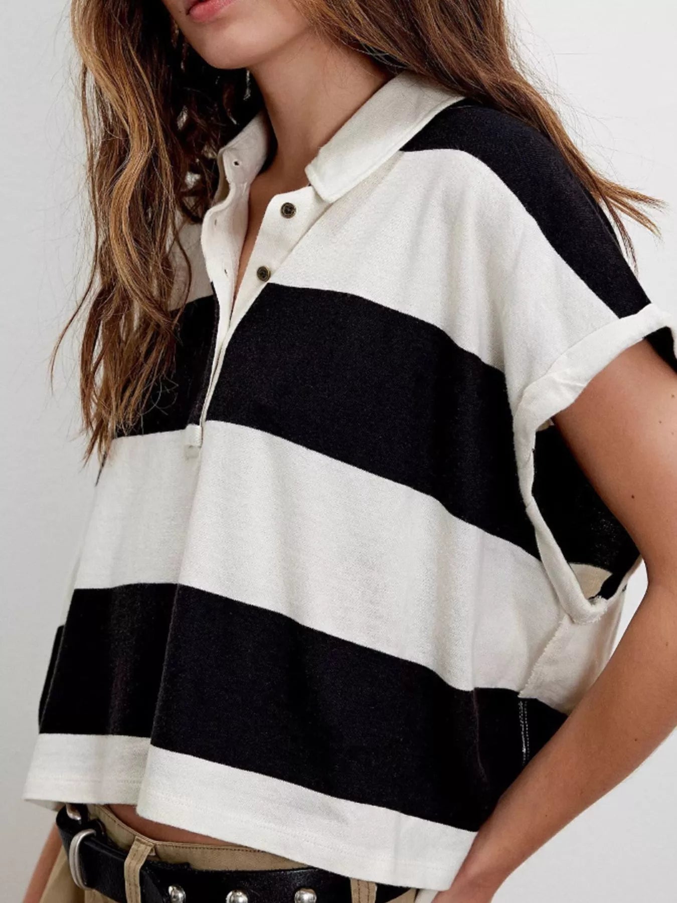Half Button Striped Short Sleeve Cropped Polo Shirt
