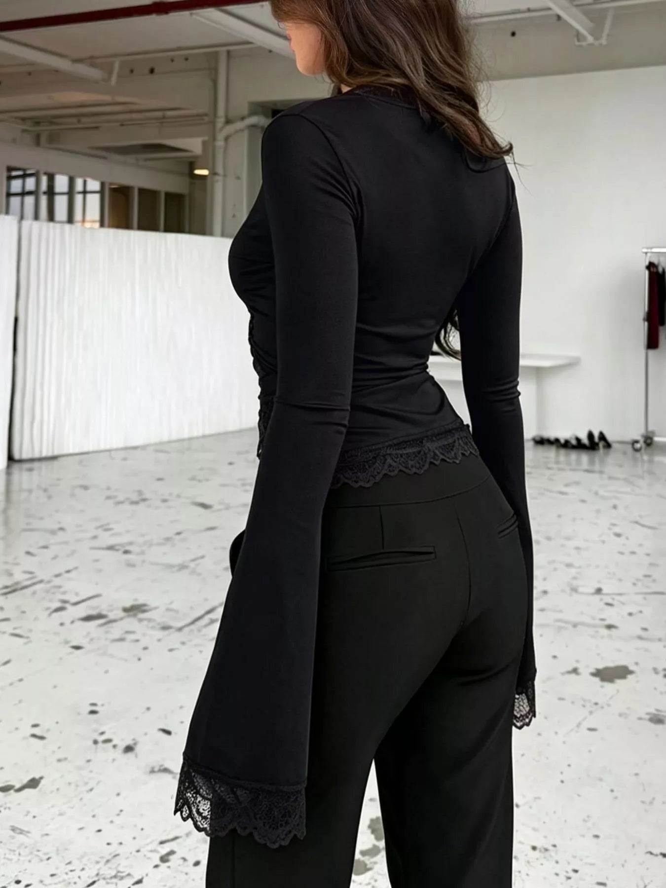 Lace-Trimmed Long Sleeve Wrap T-Shirt