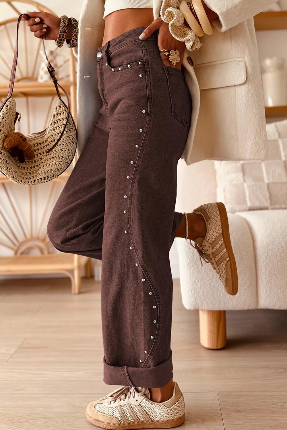 Embellished Wide-Leg Denim Jeans