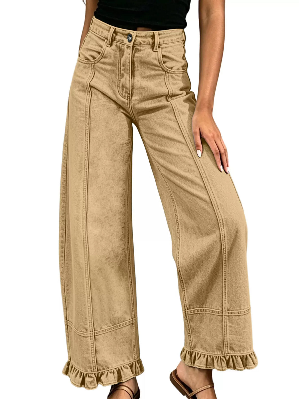 Full Size High-Waisted Wide-Leg Ruffled Hem Jeans Plus Size