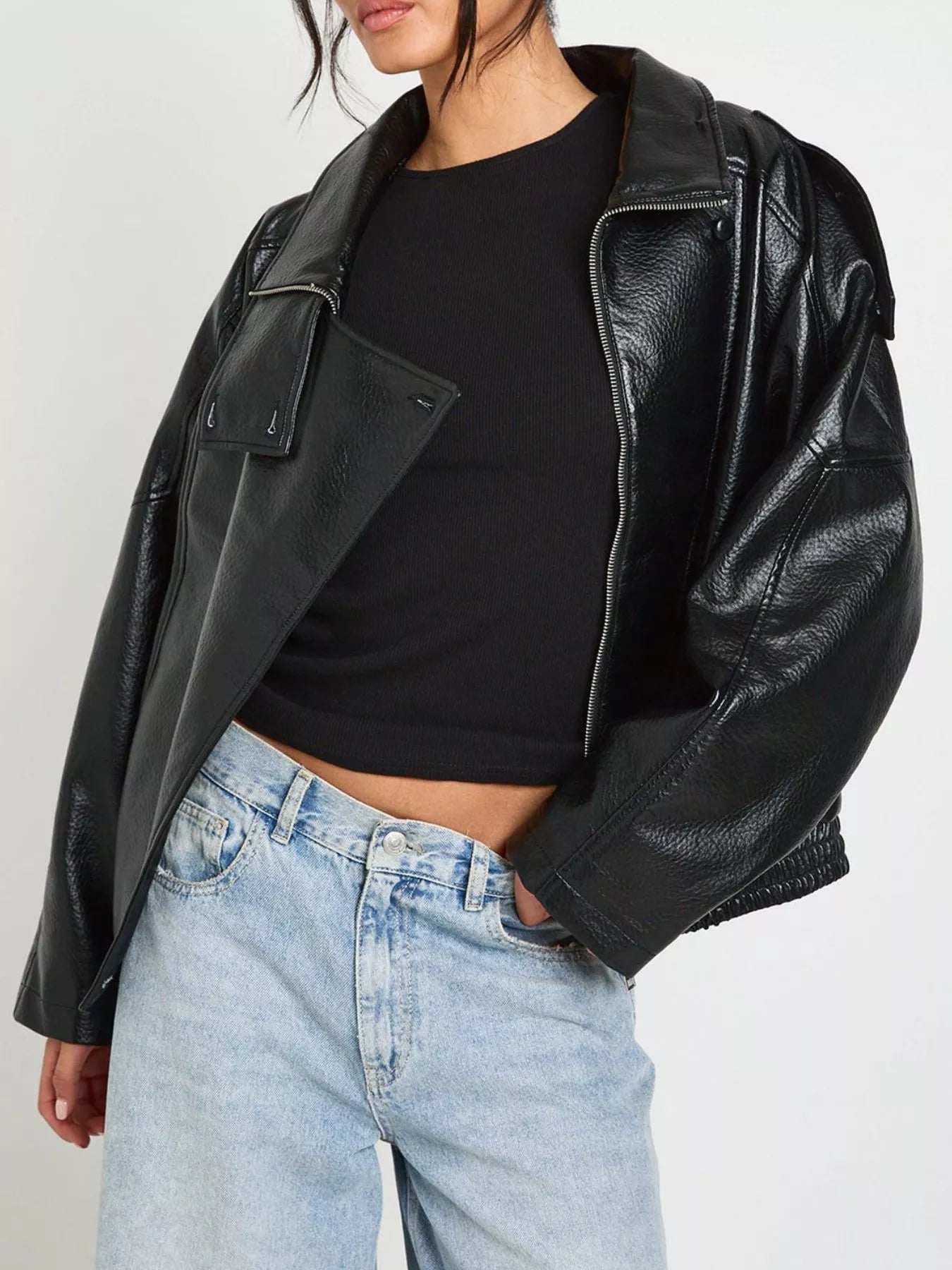 Faux Leather Moto Jacket with Asymmetrical Zip