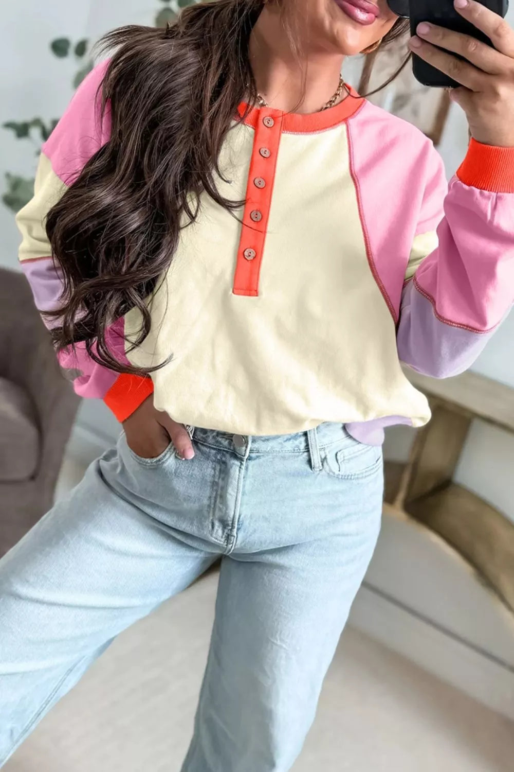 Multicolour Exposed Seam Colorblock Patchwork Long Sleeve Top