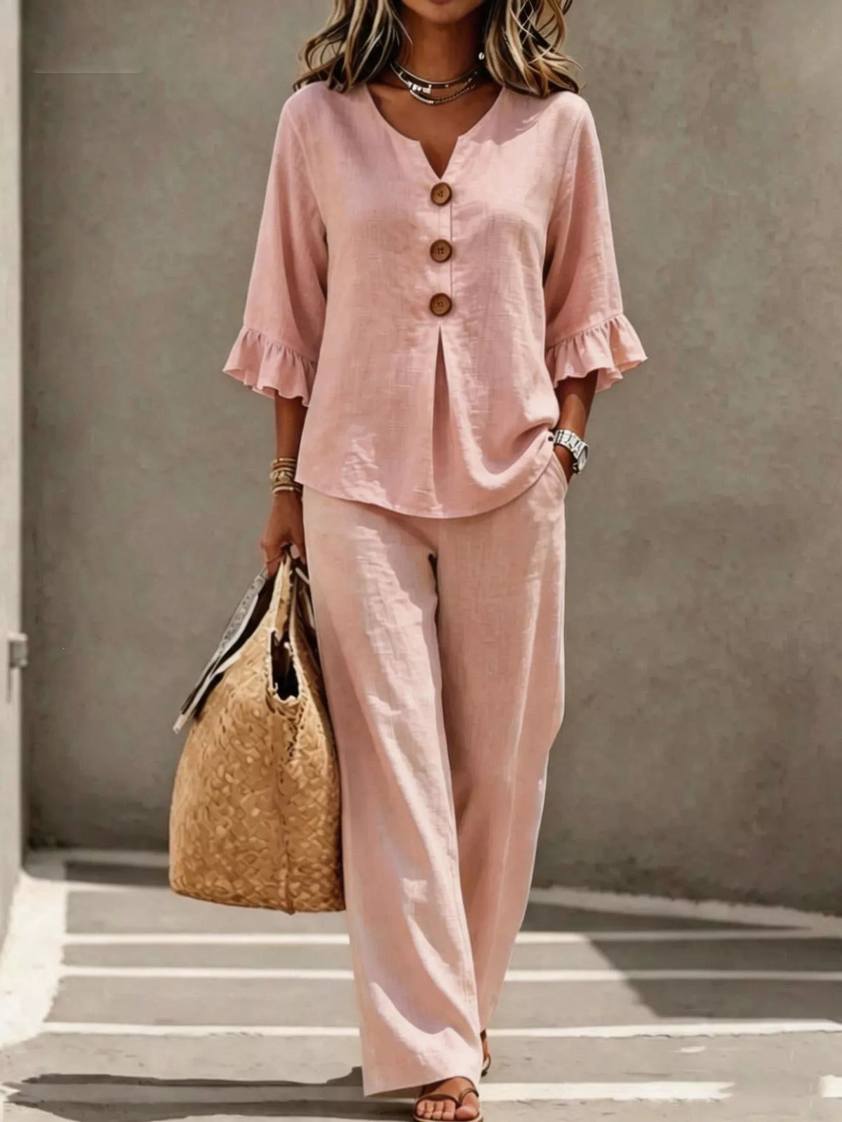 Full Size Decor Button Ruffled Top and Wide-Leg Pants Set Plus Size