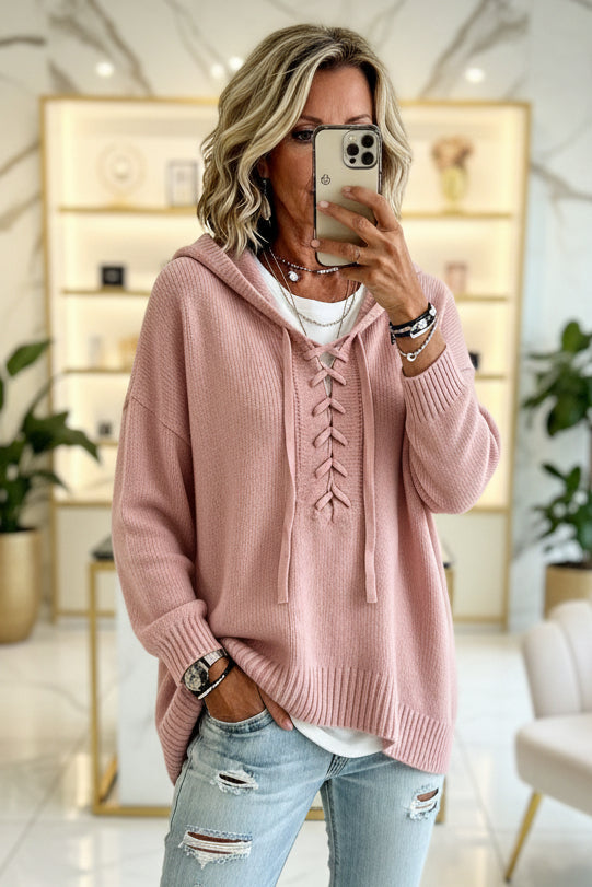 Lace-Up V-Neck Hooded Knit Sweater | Drop Shoulder Oversized Pullover