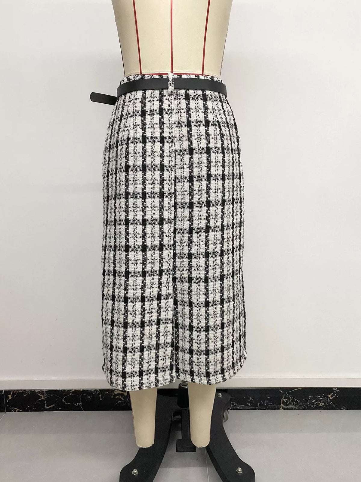 High-Waisted Tweed Plaid Midi Skirt