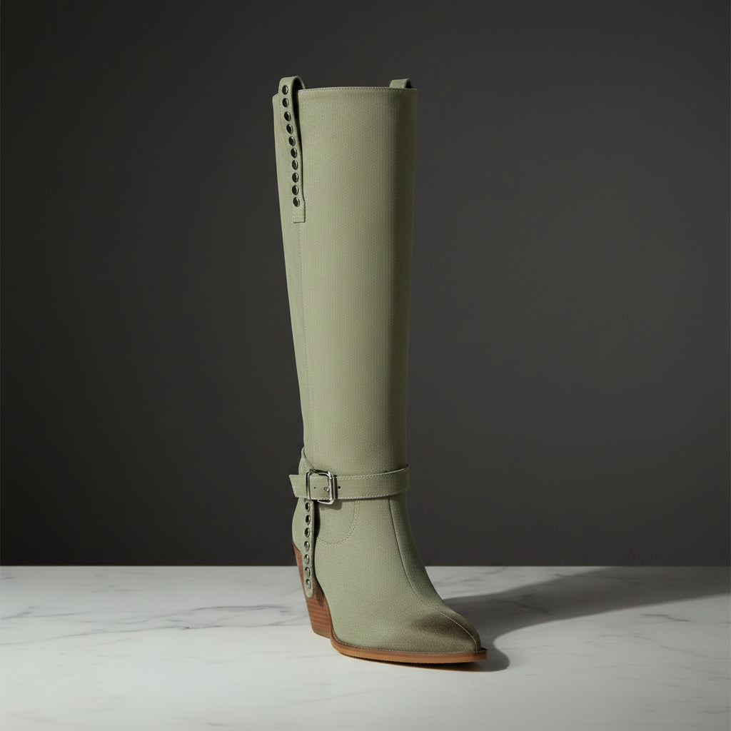 Women's Western Knee-High Boots with Studs | Pointed Toe Chunky Heel & Buckle