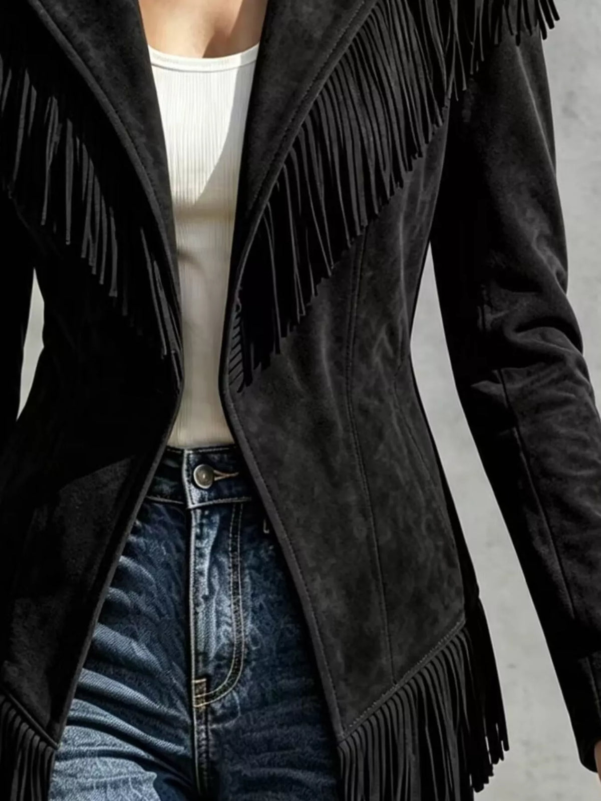 Western-Inspired Fringed Open Front Jacket
