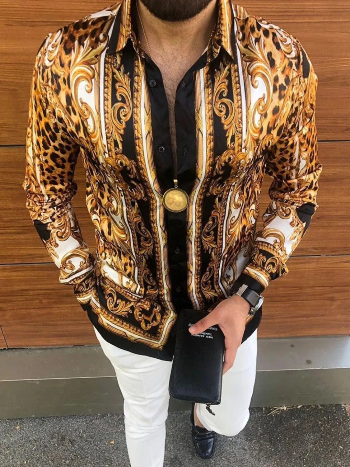 Men's Full Size Printed Collared Neck Long Sleeve Shirt Plus Size