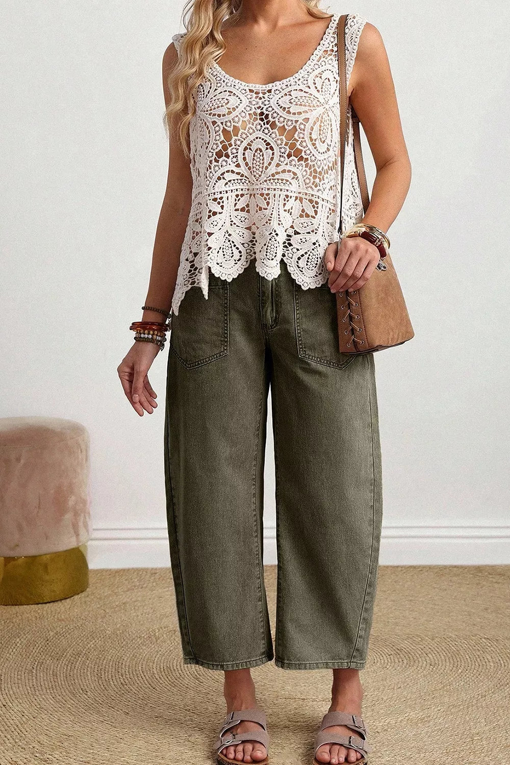 Four Leaf Clover Solid Color Square Patch Pocket Ankle-length Barrel Jeans