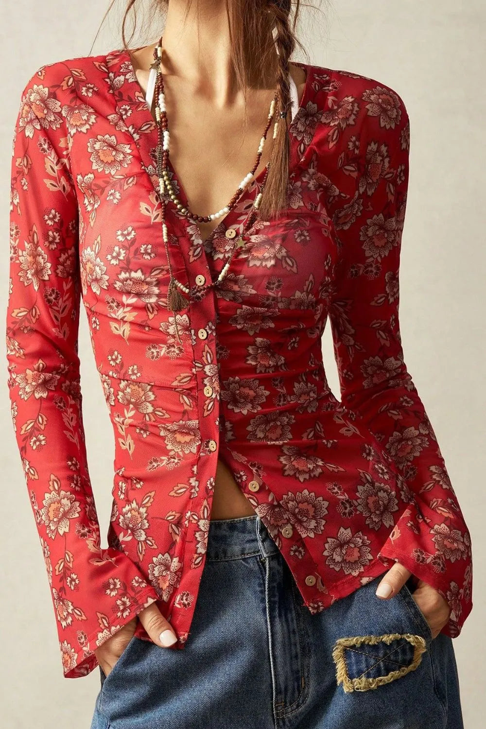 Floral Button-Front Shirt with Bell Sleeves