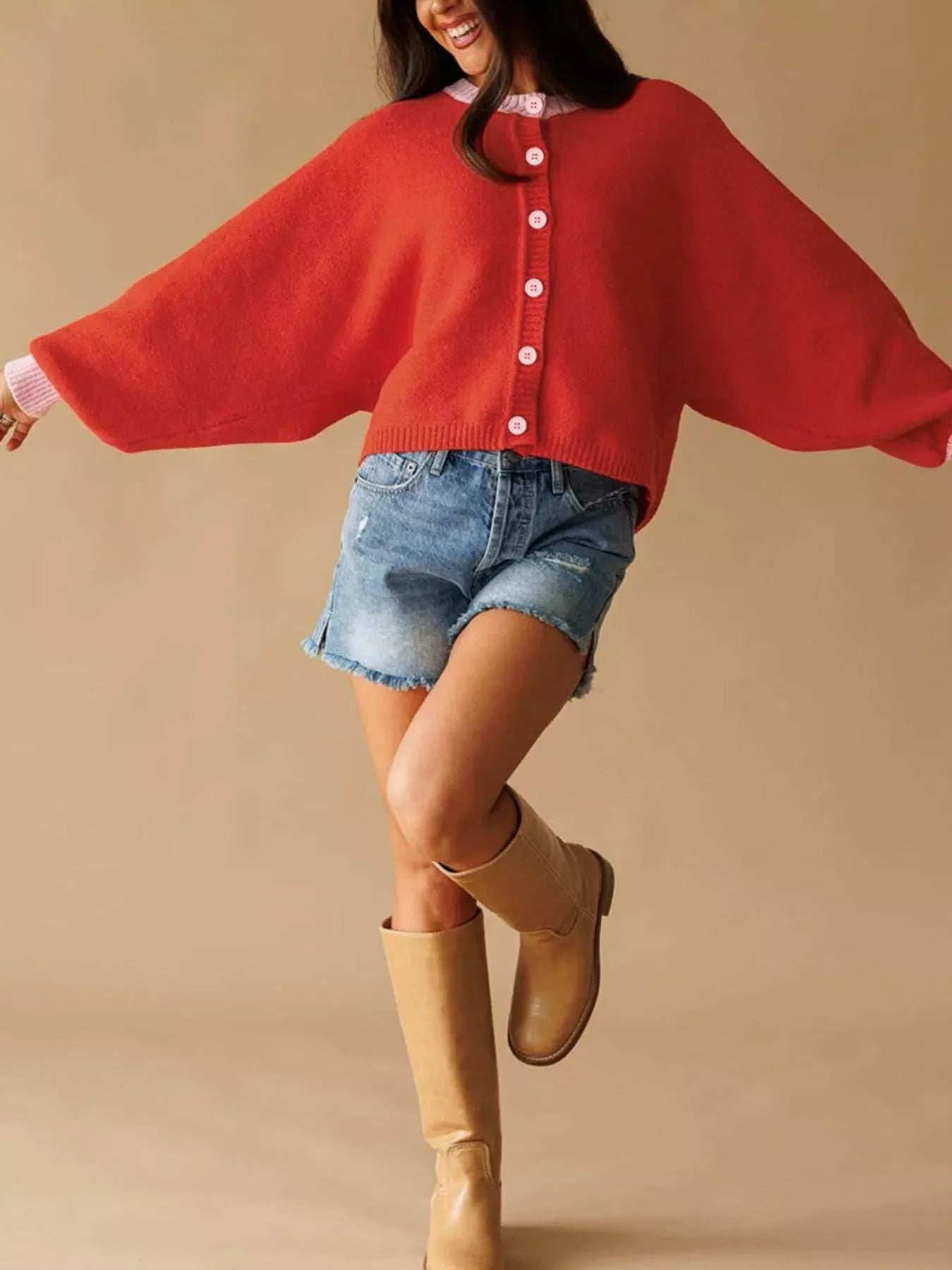 Button-Front Knit Cardigan with Contrast Trim