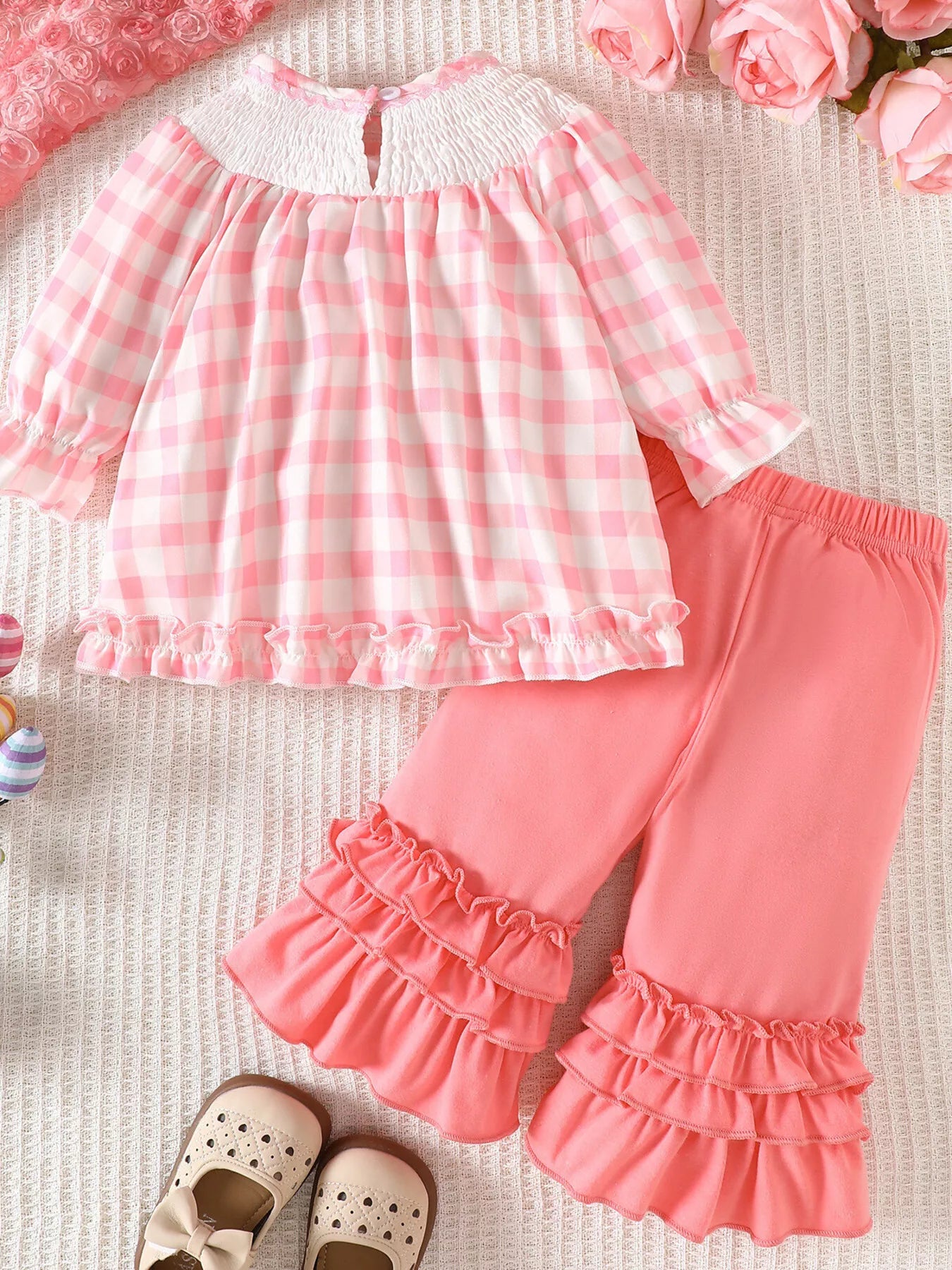 Children's Plaid Smocked Long Sleeve Top and Pants Set