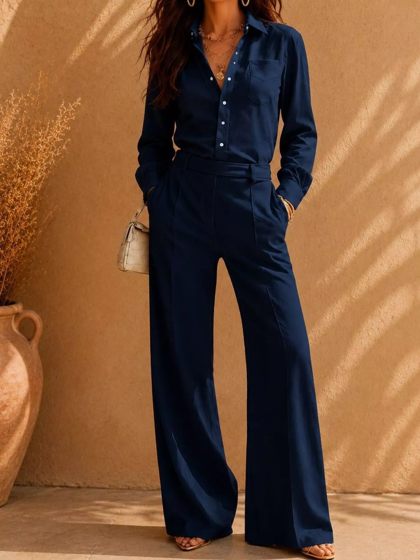 Long Sleeve Shirt and Wide-Leg Pants Set