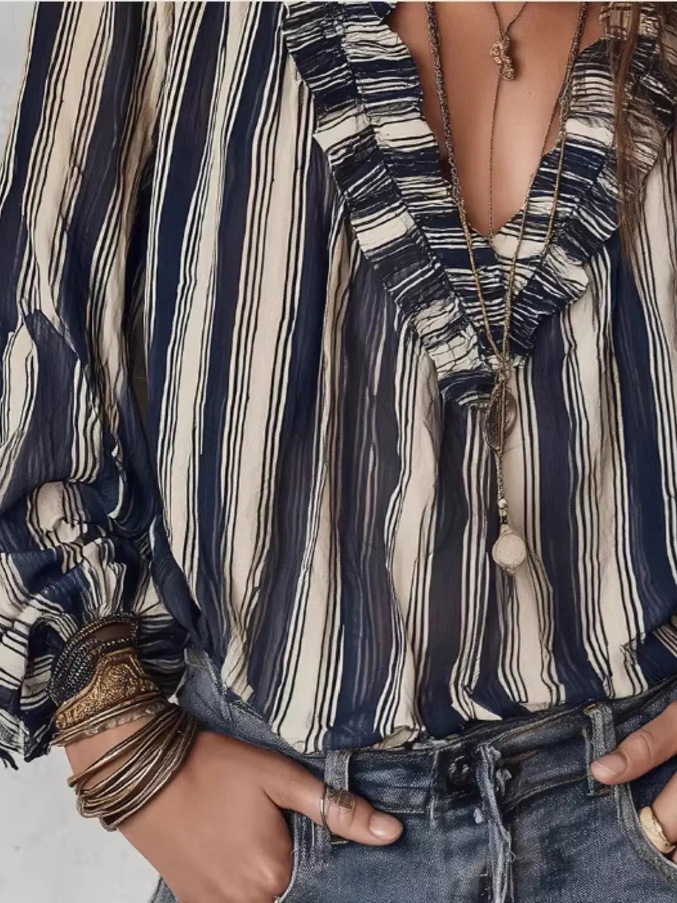 Striped Balloon Sleeve Blouse