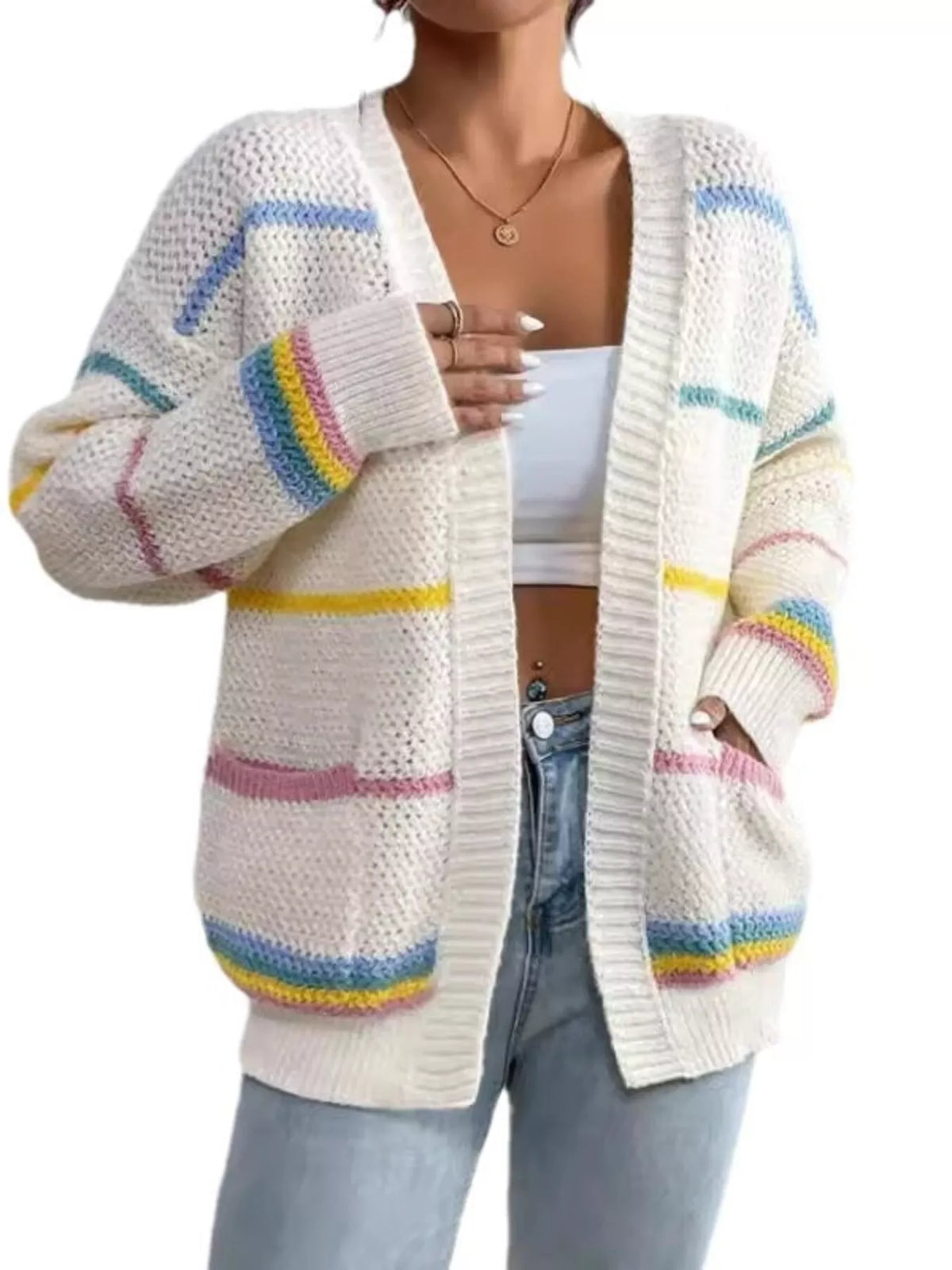 Striped Open Front Knit Cardigan