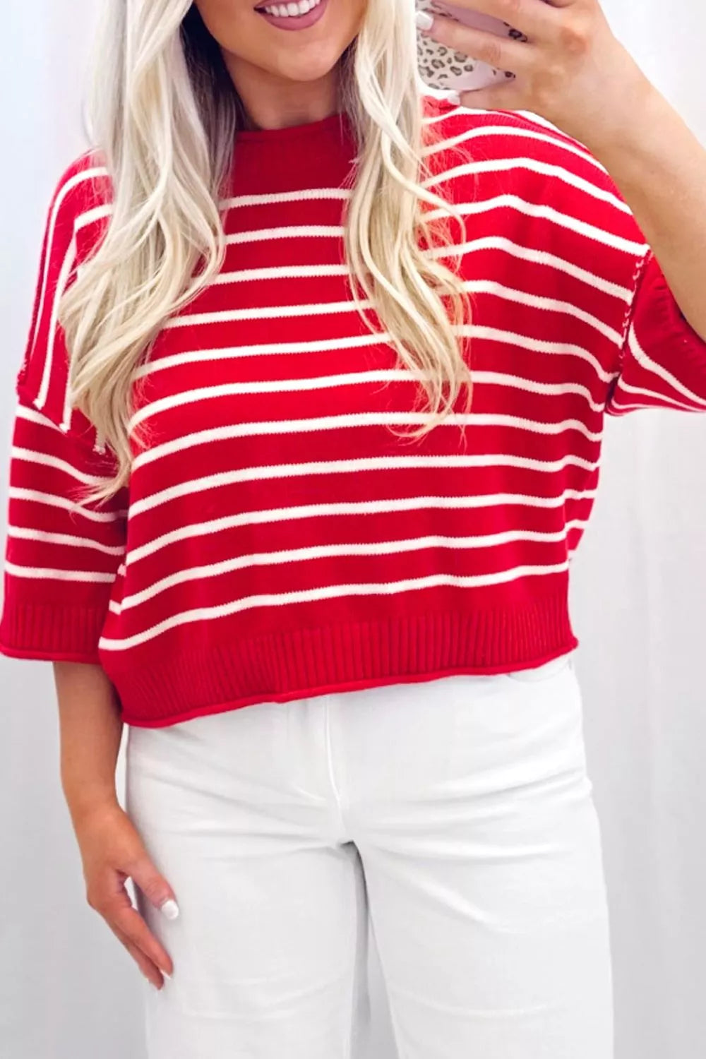 Stripe Dropped Shoulder Half Sleeve Relaxed Knit Sweater