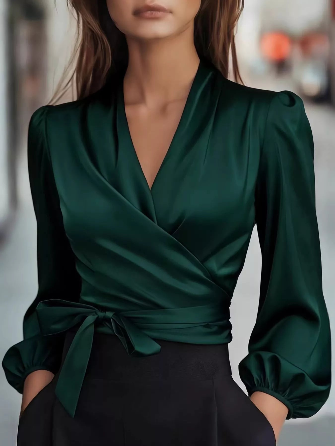 Elegant Satin Wrap Blouse with Bow Detail