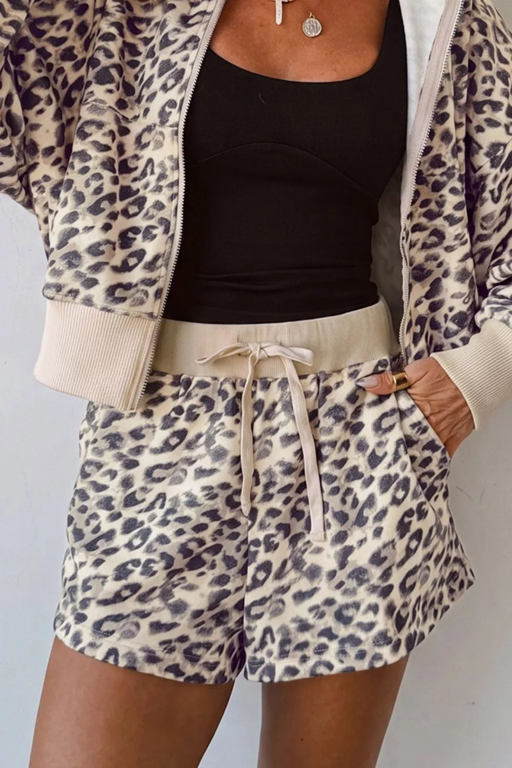 Leopard Print Zip-Up Hoodie and Shorts Set