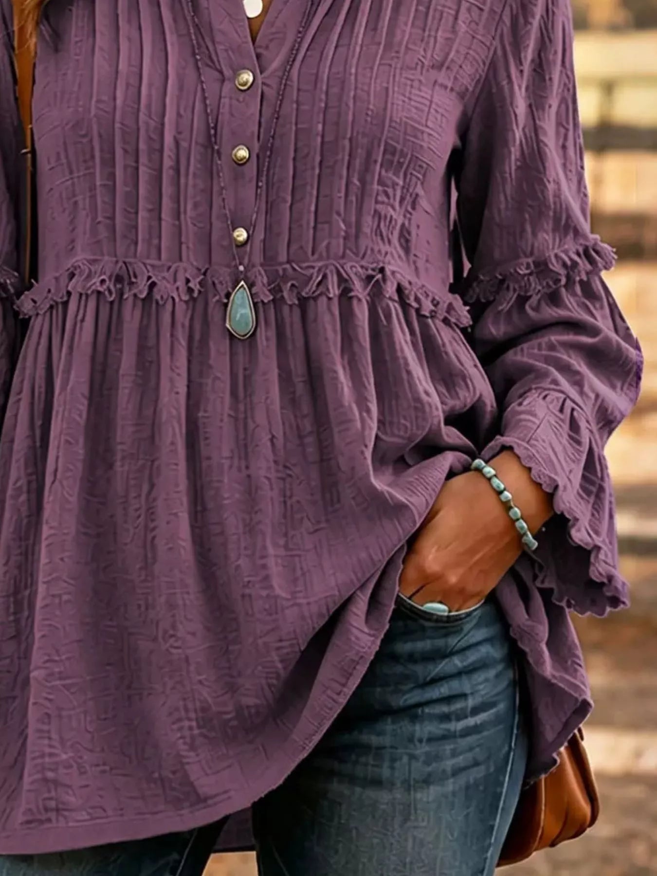 Full Size Frill Notched Long Sleeve Blouse Plus Size