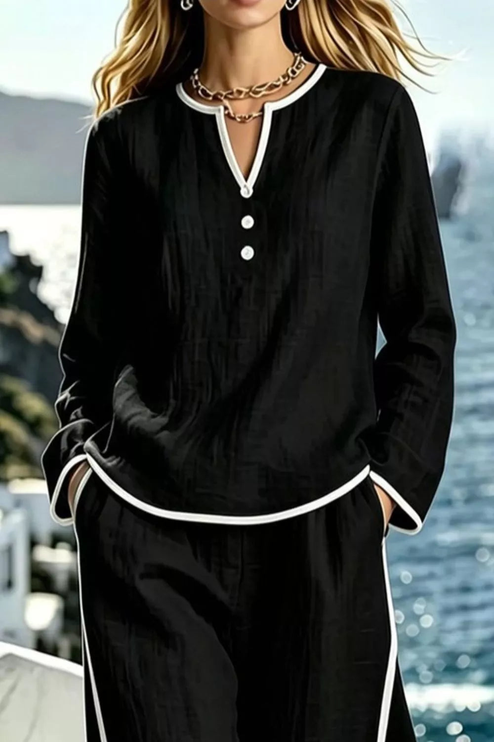 Contrast Trim Long Sleeve Top and Pants Set