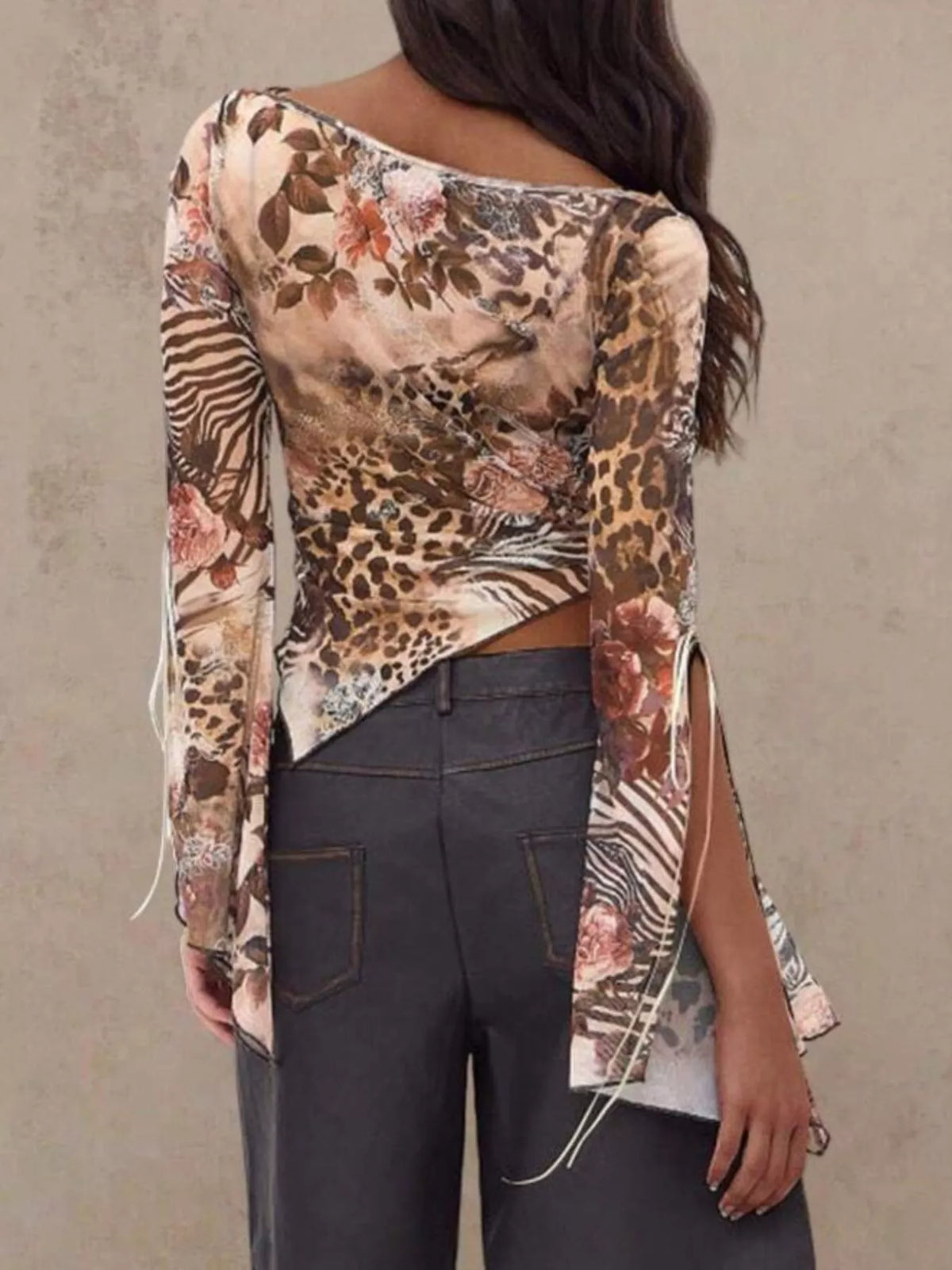 Mesh Floral Print Long Sleeve Asymmetric Top