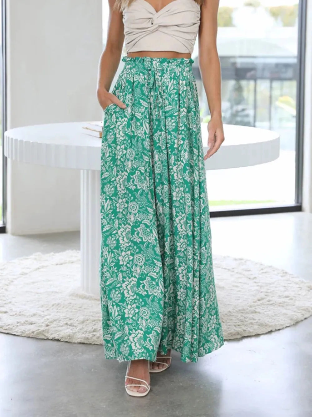 Drawstring Paperbag Waist Printed Wide Leg Pants