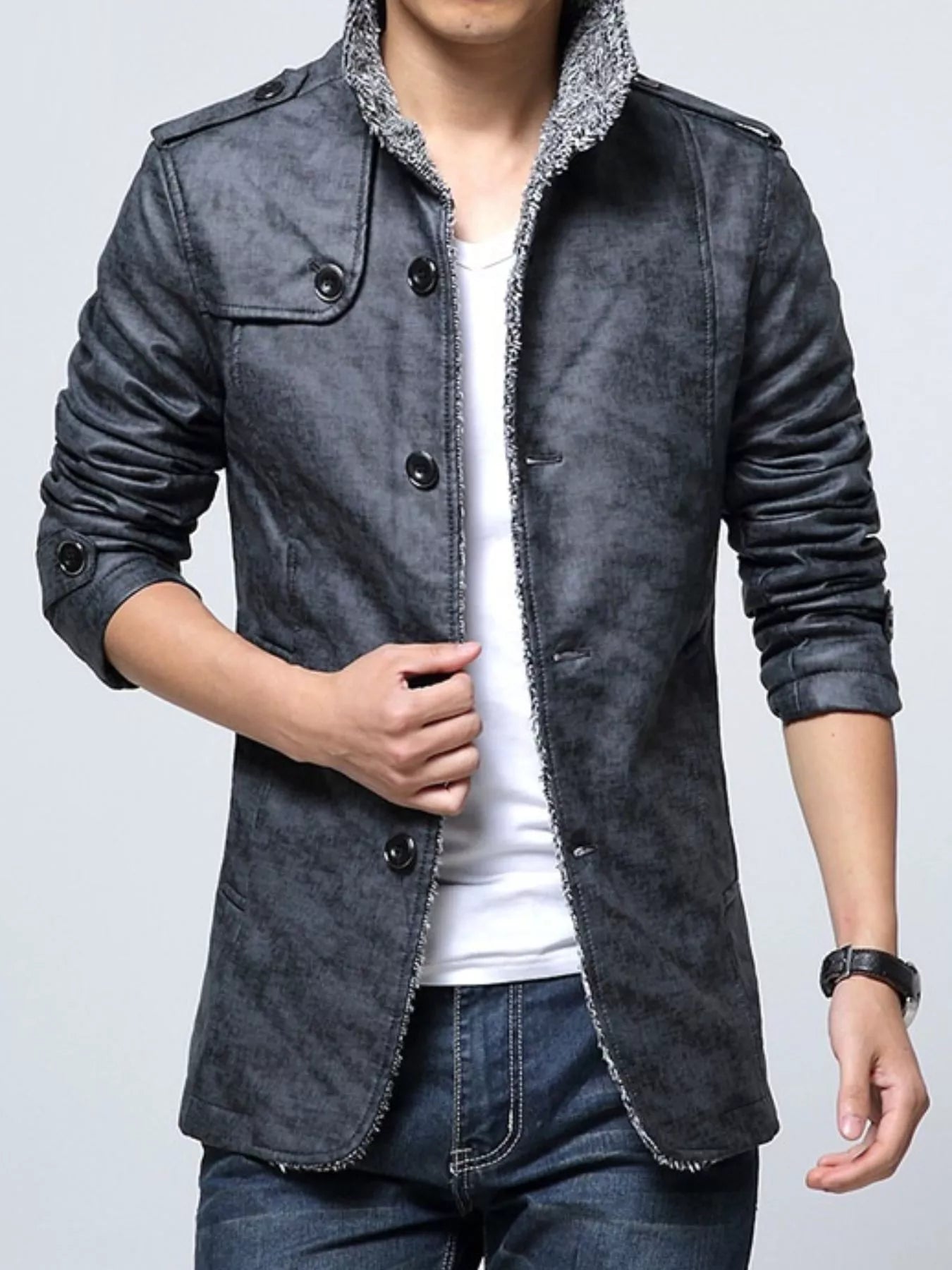 Men's Plus Size Button Up Fleece Lined Coat