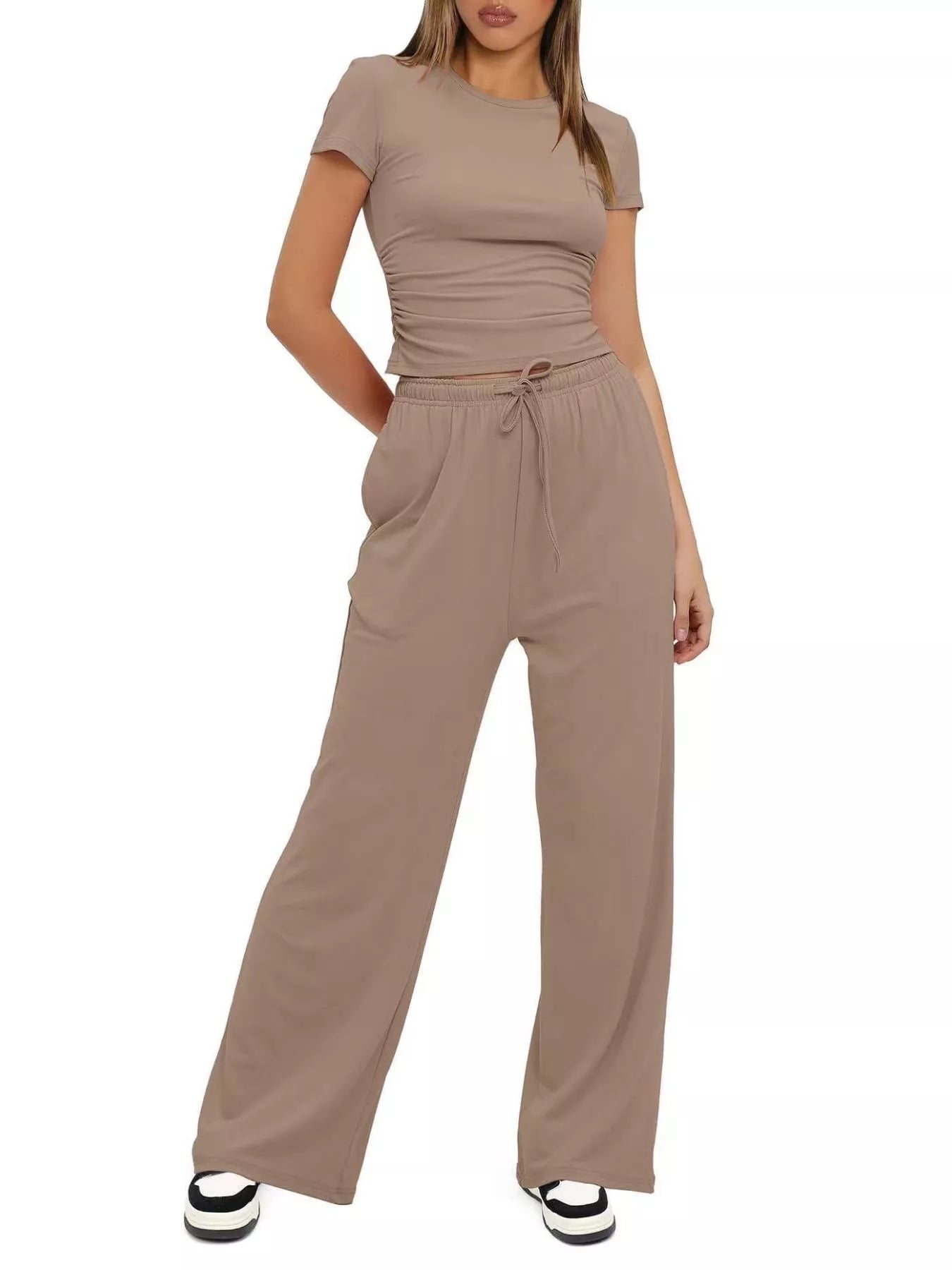 Round Neck Short Sleeve Top and Pants Set
