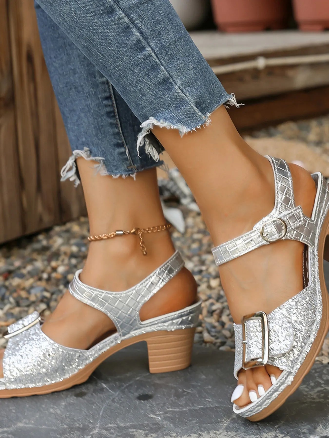Glitter Block Heel Buckle Sandals