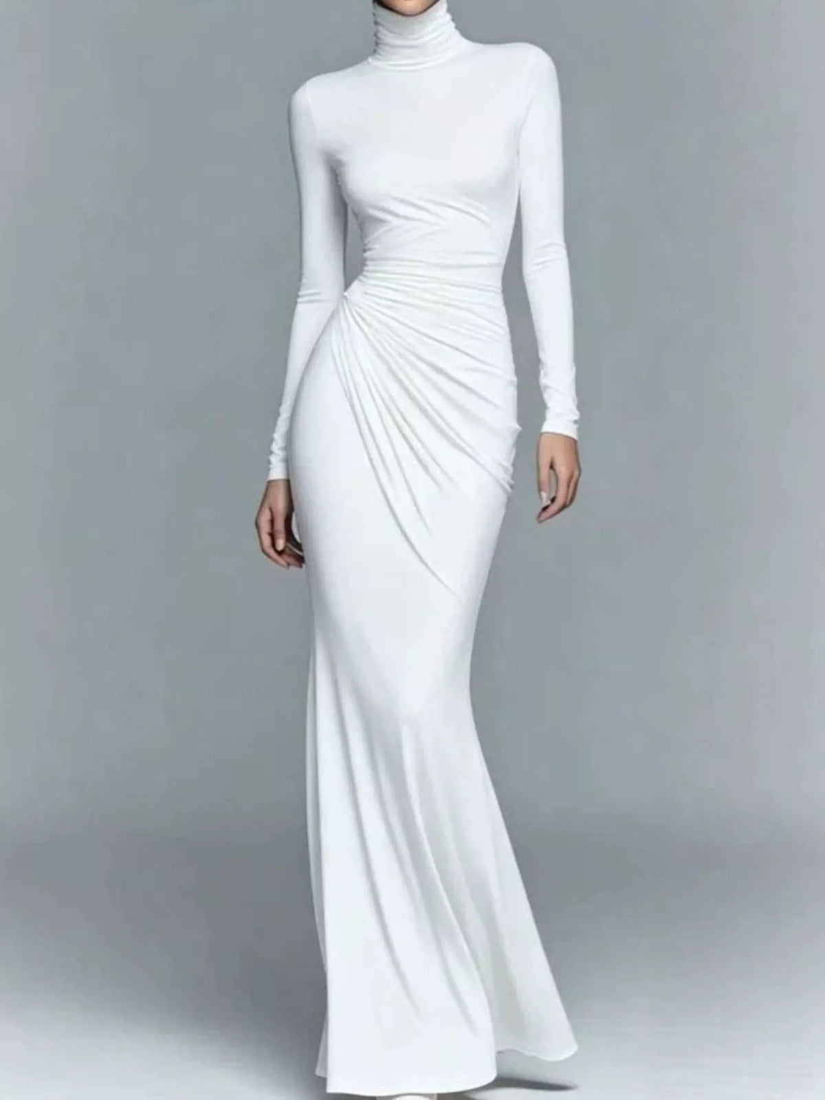 Turtleneck Long-Sleeve Ruched Maxi Dress