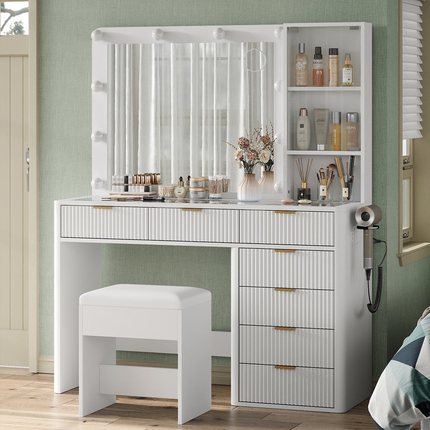 7-Drawer LED Mirror Vanity Desk - Yanosaku
