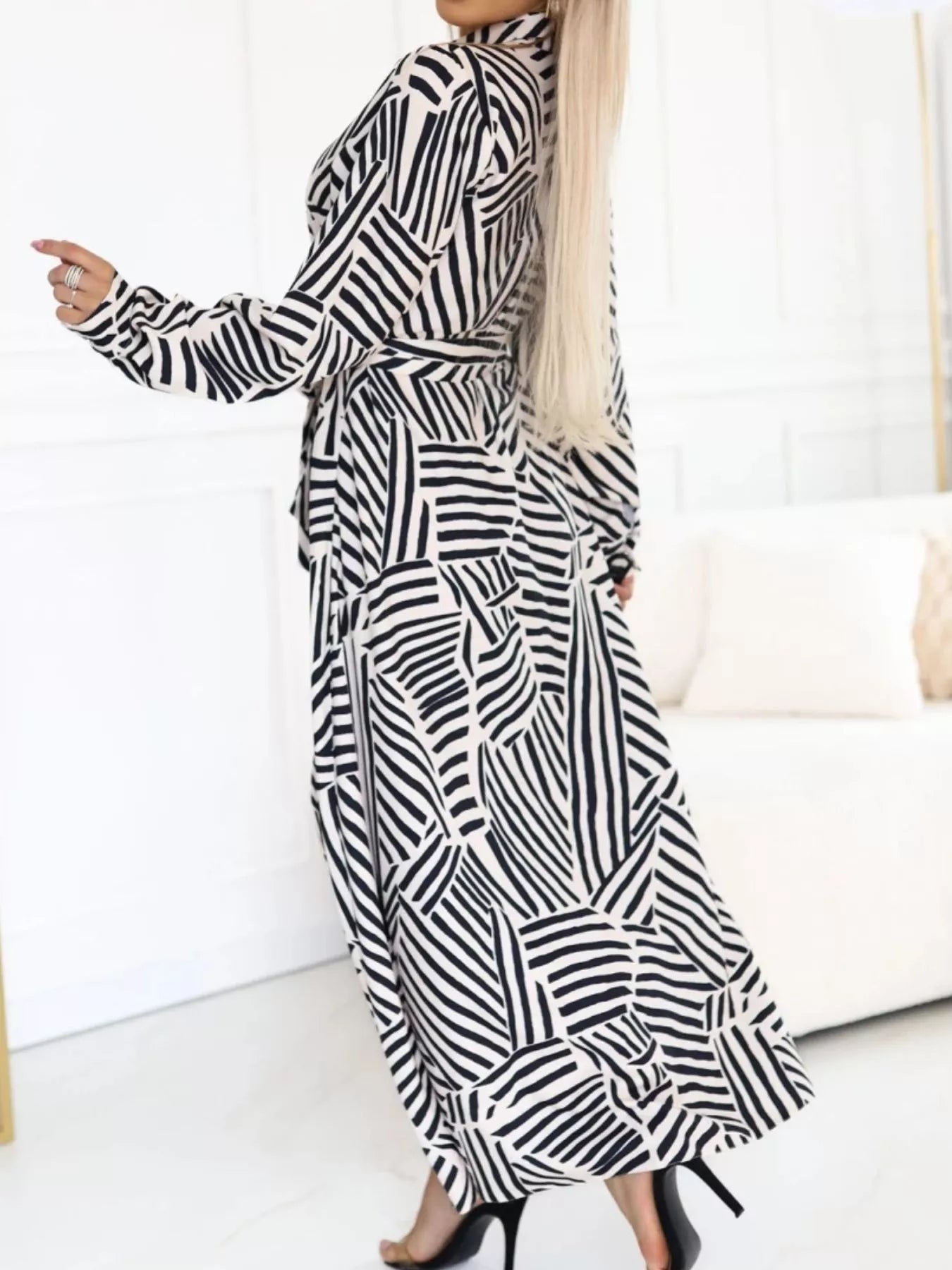 Geometric Print Belted Maxi Shirt Dress