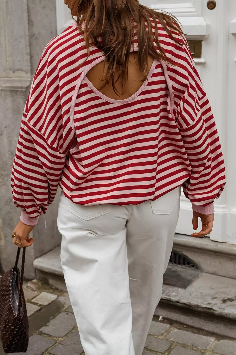 Cutout Back Striped Round Neck Sweatshirt