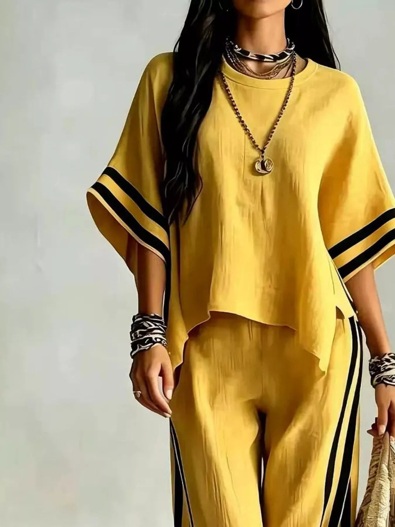 Full Size Striped 3/4 Sleeve Top and Pants Set Plus Size