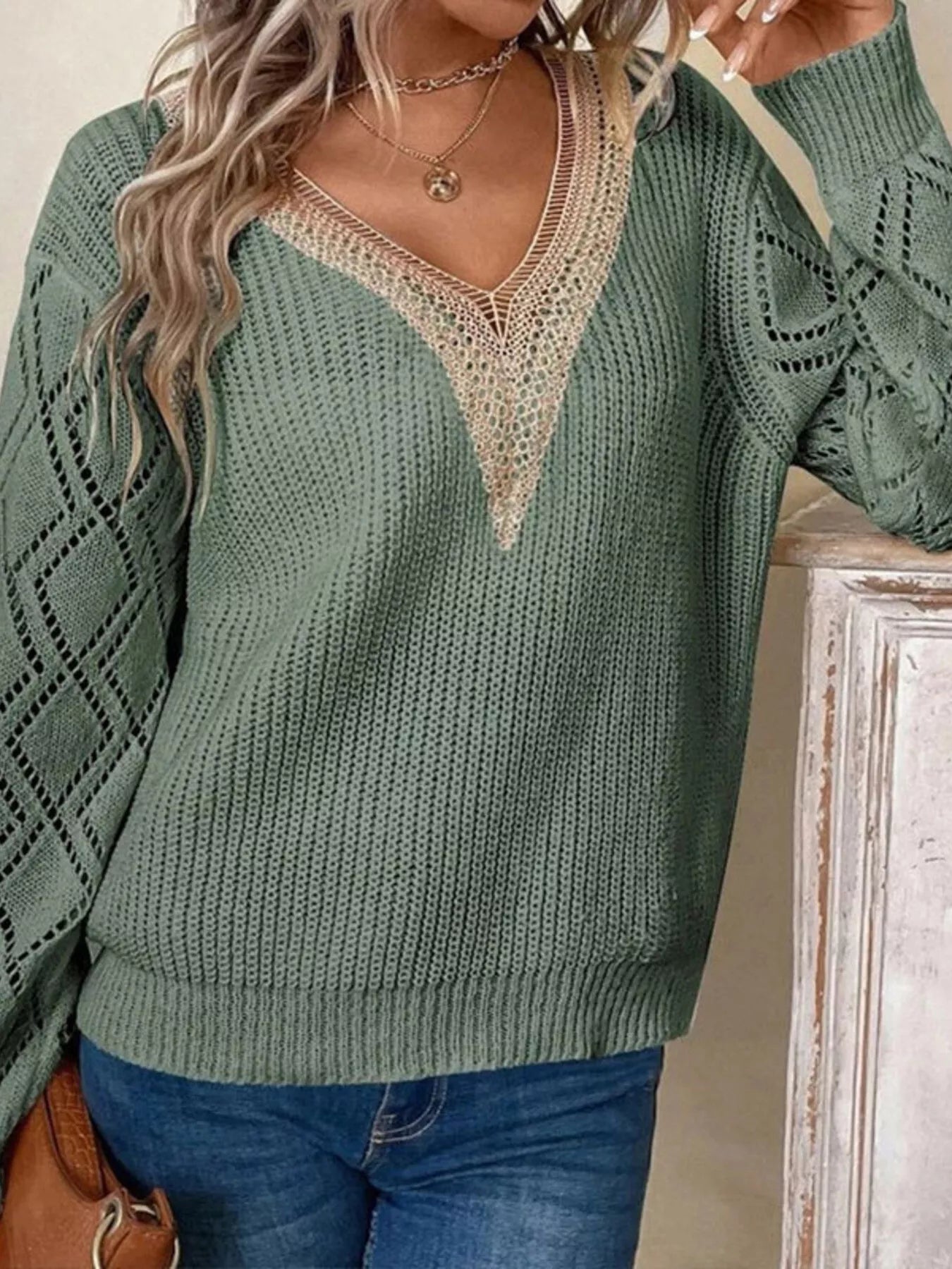 Openwork V-Neck Sweater