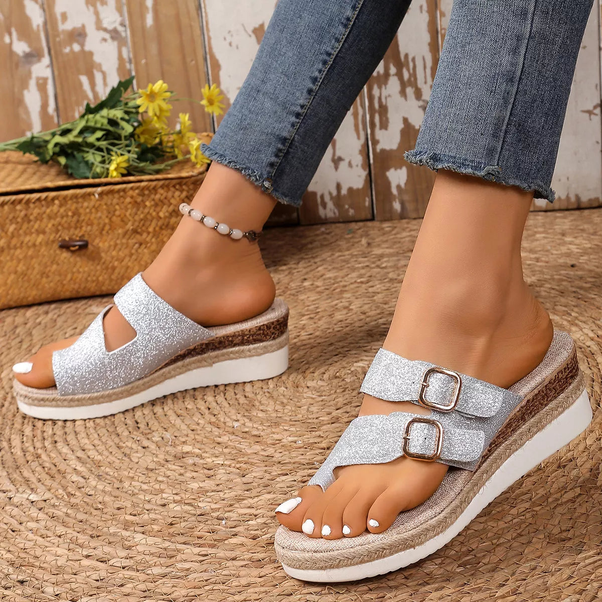 Toe Loop Wedge Sandals