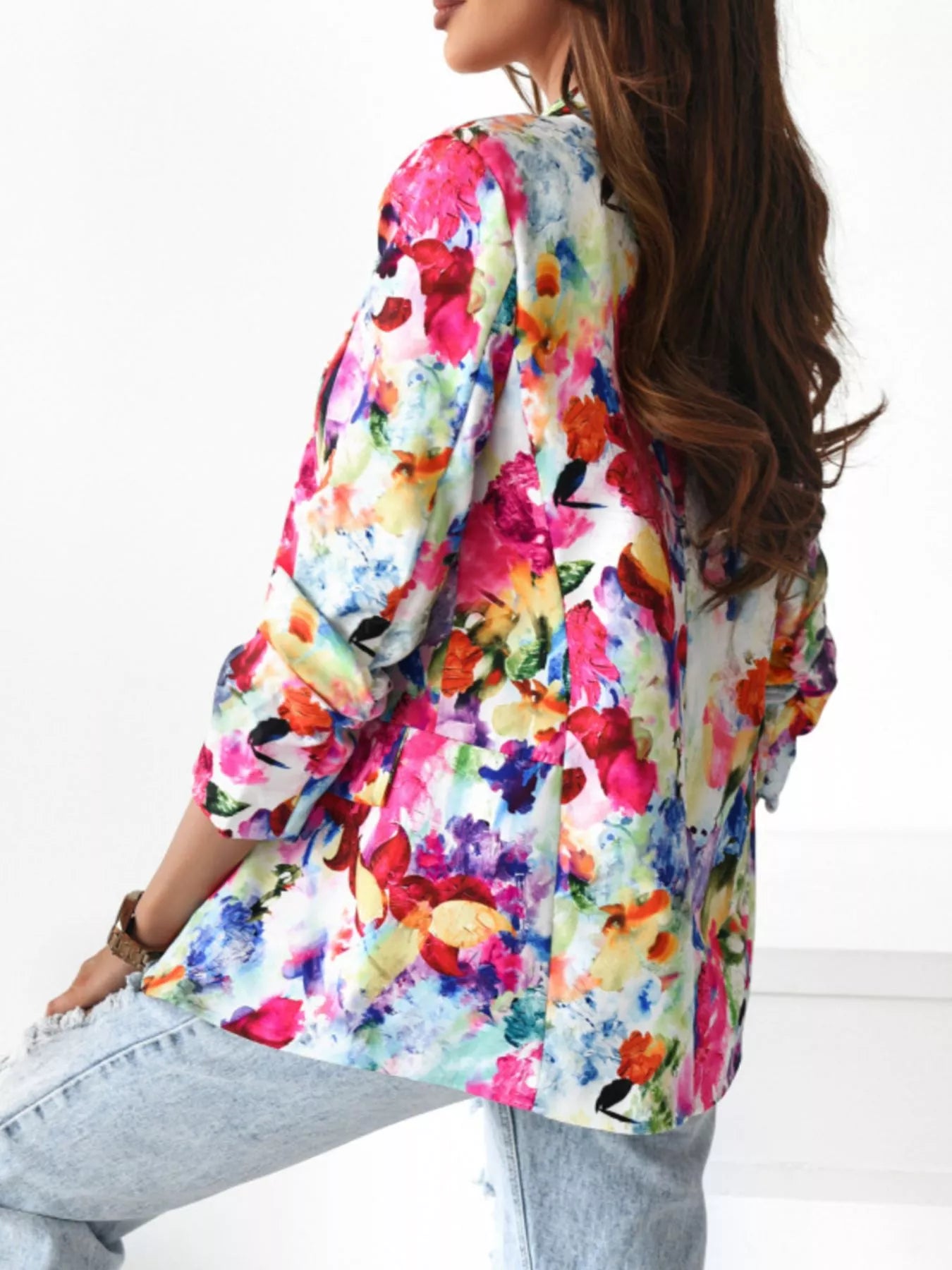 Vibrant Floral Print Open Front Blazer